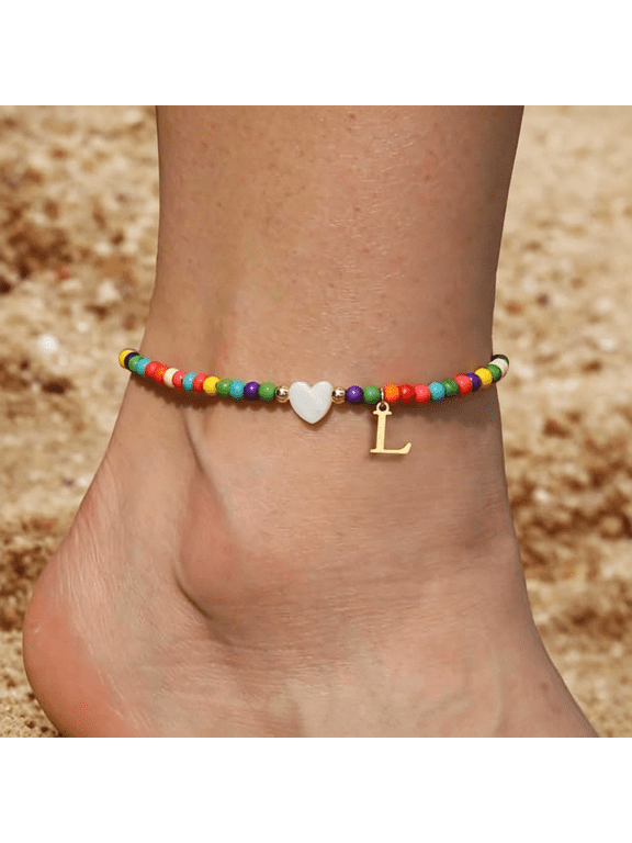 Ankle Bracelets for Women Initial Anklets Waterproof Boho Beaded Dainty Ankle Bracelets for Teen Letter Heart Handmade Adjustable Foot Chain Anklet Summer Vacation Colorful Jewelry Gift