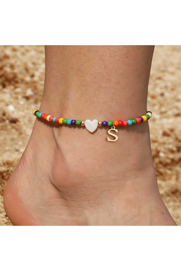 Ankle Bracelets for Women Initial Anklets Waterproof Boho Beaded Dainty Ankle Bracelets for Teen Letter Heart Handmade Adjustable Foot Chain Anklet Summer Vacation Colorful Jewelry Gift