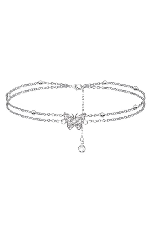 Ankle Bracelets for Women Sterling Silver Turquoise Boho Double Anklets Butterfly Pendant Foot Chains Butterfly Charm Beach Bracelet Anklets Beaded Anklet for Women