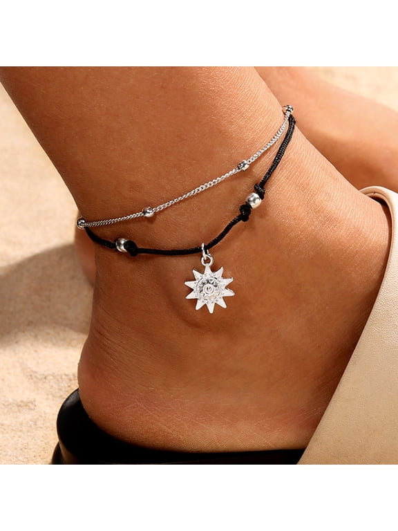 Anklets for Women Waterproof Double Chain Sun Anklet Jewelry Beach Anklets Beads Boho Foot Gothic for Valentine'S Day Mother'S Day Christmas Birthday Gifts
