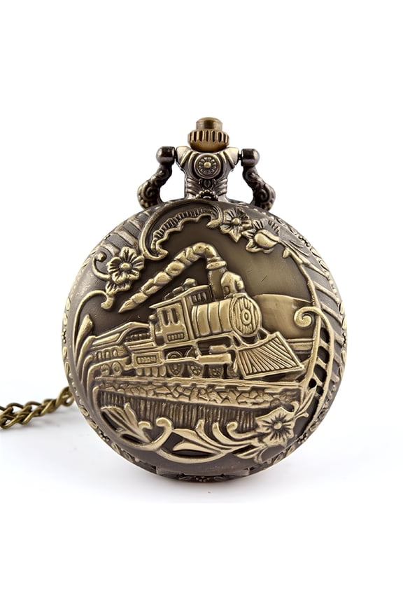 Antique Case Brass Rib Chain Train Pattern Quartz Pocket Watch