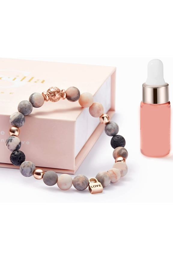 Anxiety Bracelet for Women,Pink Zebra Jasper,Lava Rock Bracelet Diffuser with Love Charm