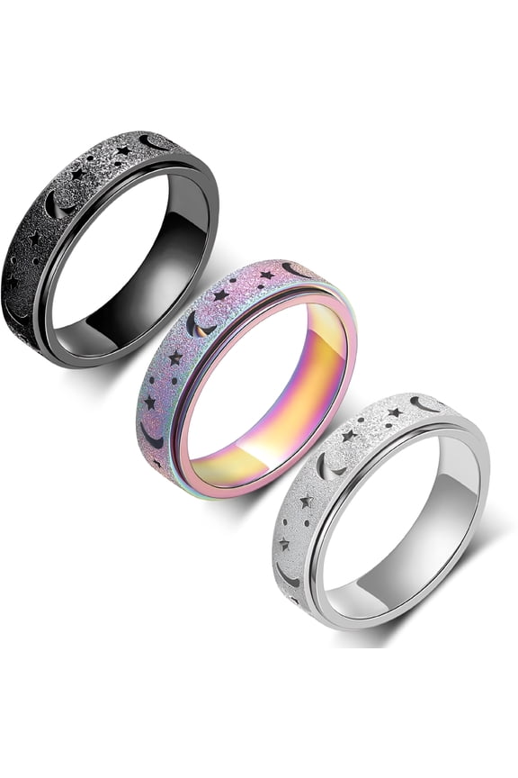 Anxiety Ring for Women Men,Titanium Stainless Steel Spinner Ring,5 Colors,6Mm,Size 6-10,3 Styles Anxiety Ring-Moon Star,Sandblasted Finished,Hollow Outer