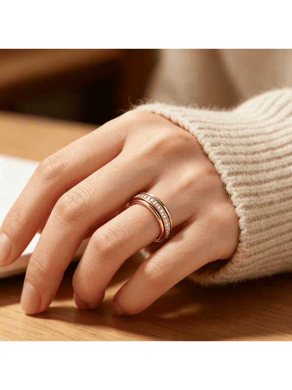 Anxiety Rings Titanium Steel Rotating Band Ring Cubic Zirconia Rotatable Anxiety Relief Ring Wedding Promise Lucky Statement Jewelry Comfort Fit Size 5 to 12