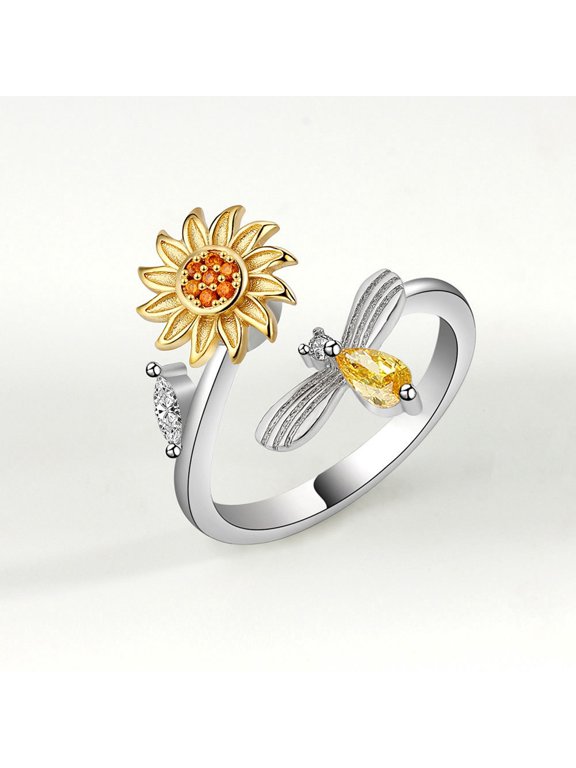 Anxiety Rings for Women Adjustable Flower Spinner Ring, Daisy & Sunflower Fidget Ring, Gold Plated Calming Jewelry