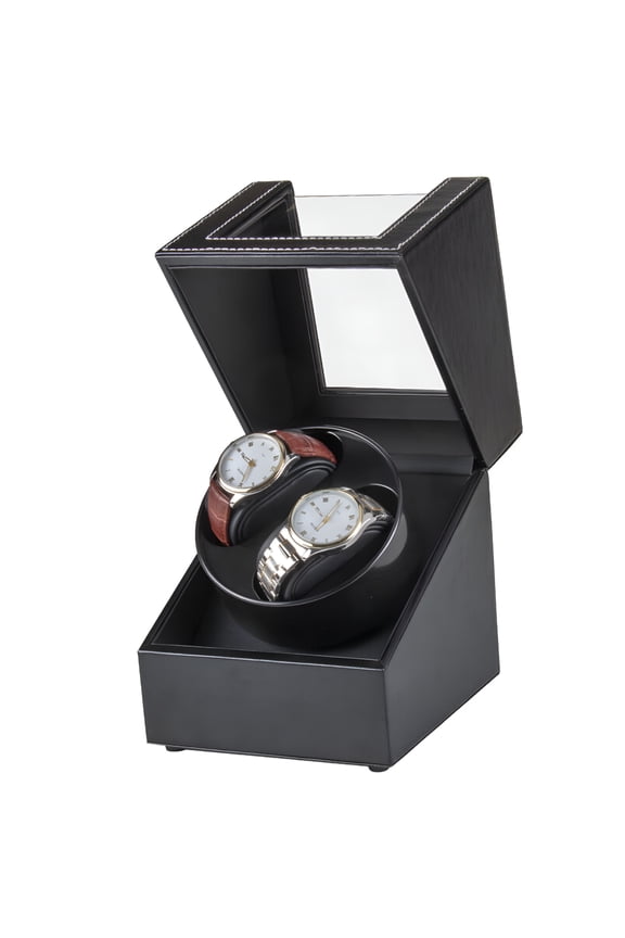 Automatic Double Watch Winder with Quiet Motor, PU Leather Rotator Display Case Storage, Black