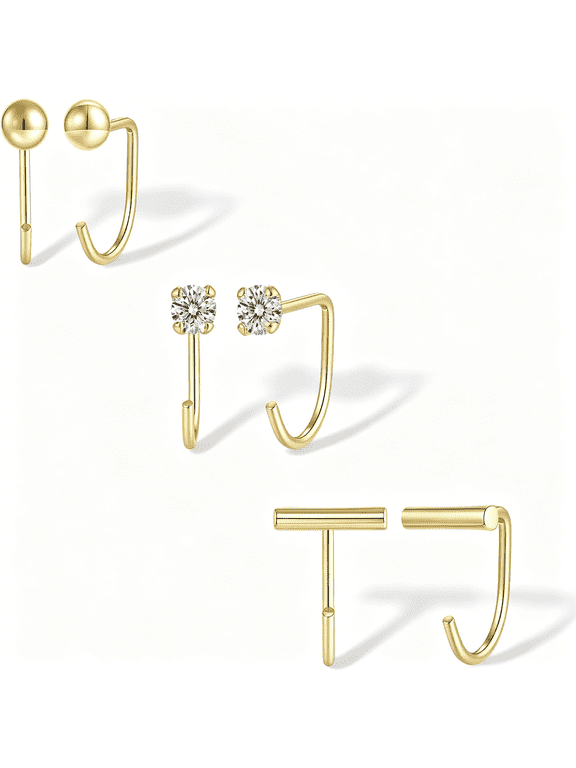 3 Pairs Backless Half Hoop Earrings Set, Dainty 14K Gold Plated Huggie Open Hoops, Lightweight Sleep Earrings for Women, No Back Comfort Fit
