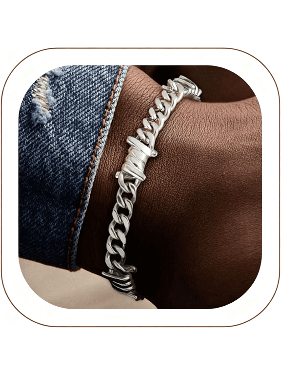 Barbed Wire Bracelet, Cuban Link Chain Bracelet for Men, Stainless Steel Gothic Punk Thorns Hand Chain, Hip Hop Jewelry, 7Mm/9 Mm Width, 7"-8.3" Length, Send Gift Box