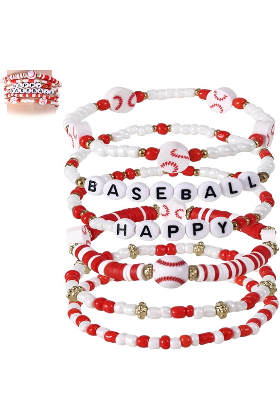 Baseball Bracelet for Women,Stackable Sport Theme Bracelets Baseball Beaded Jewelry Decoration for Sports Lover Players Team Accessories (Red,White)