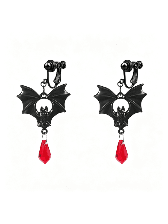 Bat Spider Clip on Earrings for Women Black Red Crystal Dangle Drop Earrings Dark Punk Vampire Bat Earrings Halloween Party Jewelry Crystal Bat Earrings
