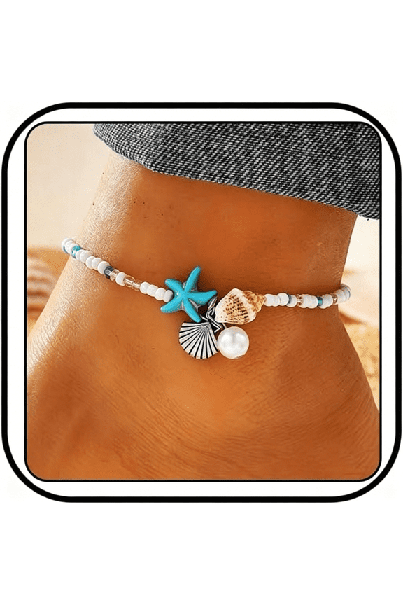 Beach Puka Shell Anklet for Women Waterproof Beaded Ankle Bracelets Adjustable Starfish Seashell Pearl Foot Chain Boho Jewerly Present for Summer Beach Party
