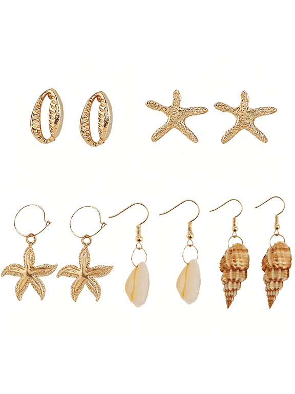 Beach Summer Sea Shell Earrings for Women,4Pair Tropical White Natural Scallop Shell Jewelry Boho Earring Set Vacation Dangling Drop Light Formal