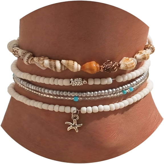 DESIGNICE Bead Ankle Bracelets Set for Women,Adjustable Gold Plated Boho Shell Anklet,Hawaiian Beach Seashell Pearl Disc Starfish Conch Foot Jewelry,Summer Fashion Gifts