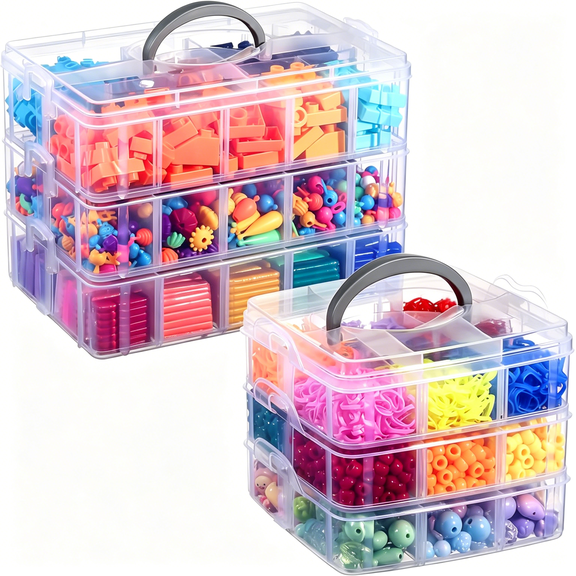 DESIGNICE Bead Organizer,2 Pack Craft Storage with Removable Dividers,Clear 3-Tier Plastic Organizer Box,Small Parts Organizers for Jewelry,Art,Diy Crafts,Kids Toys,Small Items