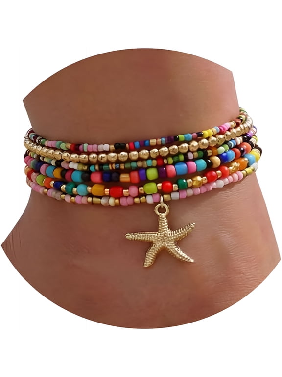 Beaded Ankle Bracelets for Women,Boho Shell Anklet Set with Starfish Conch Seashell,Adjustable Hawaiian Summer Beach Foot Jewelry Fashion Gift