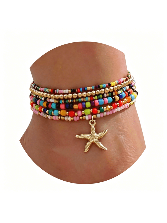 Beaded Ankle Bracelets for Women, Boho Shell Anklet Set with Starfish Conch Seashell, Adjustable Hawaiian Summer Beach Foot Jewelry Fashion Gift
