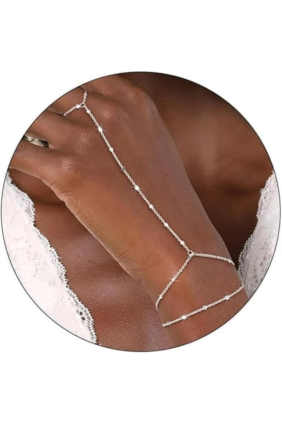 Beaded Hand Chain Bracelets,Dainty Stackable Finger Rings Gold Plated/Silver Layered Bracelets for Women Trendy Non Tarnish Satellite Bead Adjustable Bracelet Fashion Jewelry Gifts