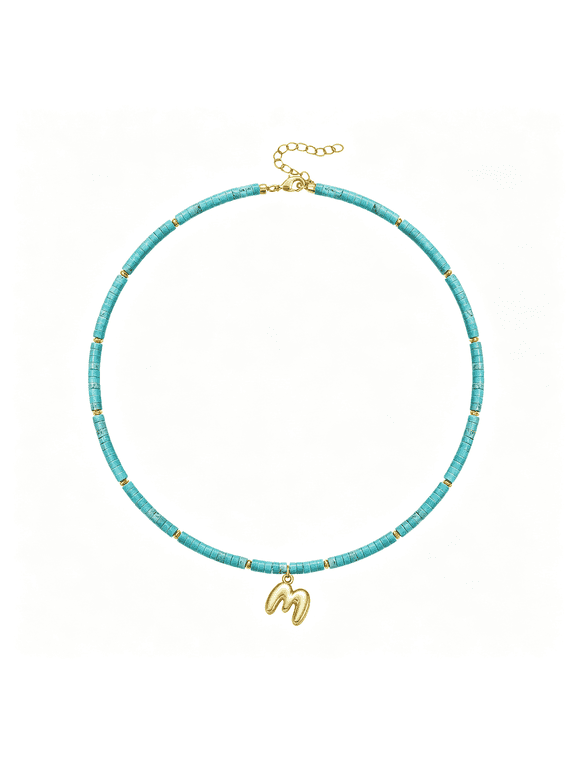 Beaded Initial Necklace for Women, 14K Gilded Plated Bubble Letter Pendant Natural Handmade Stone Choker Boho Colorful Summer Beach Jewelry Gift Boho Initial Necklace