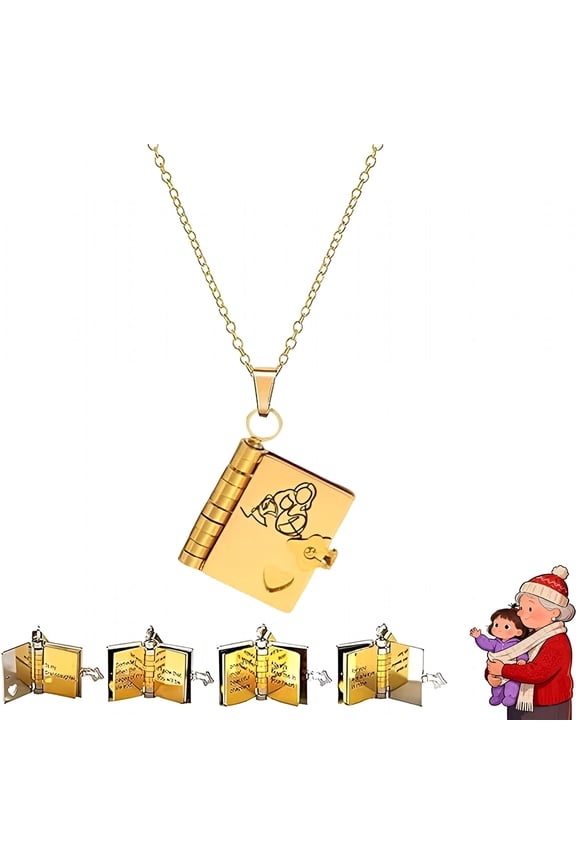 the Most Beautiful Chapter Book Necklace, to My Granddaughter Book Necklace with 6 Pages of Engraved Information, Openable Multi Layer (Gold)