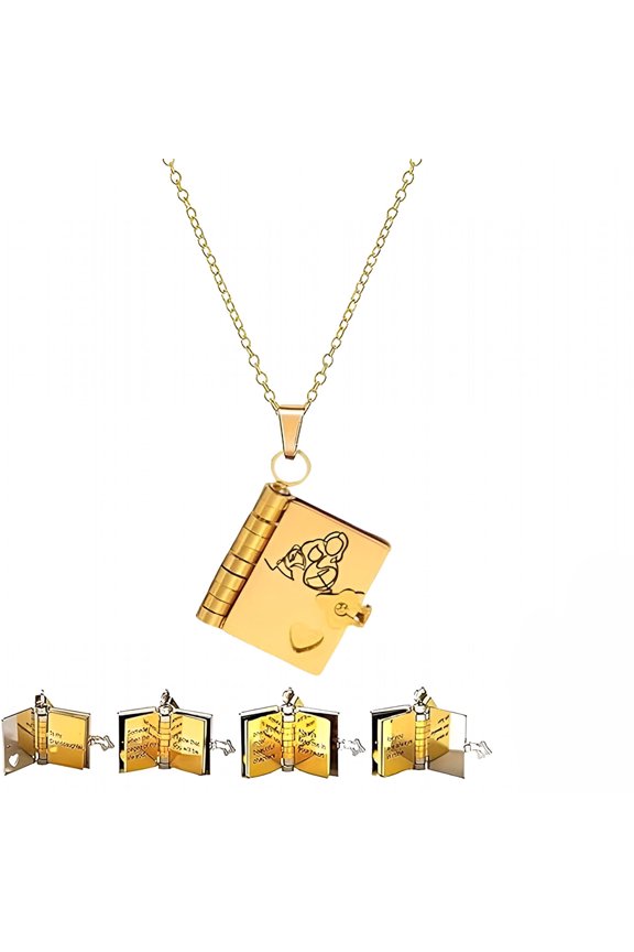 the Most Beautiful Chapter Book Necklace, to My Granddaughter Book Necklace with 6 Pages of Engraved Information, Openable Multi Layer (Gold)
