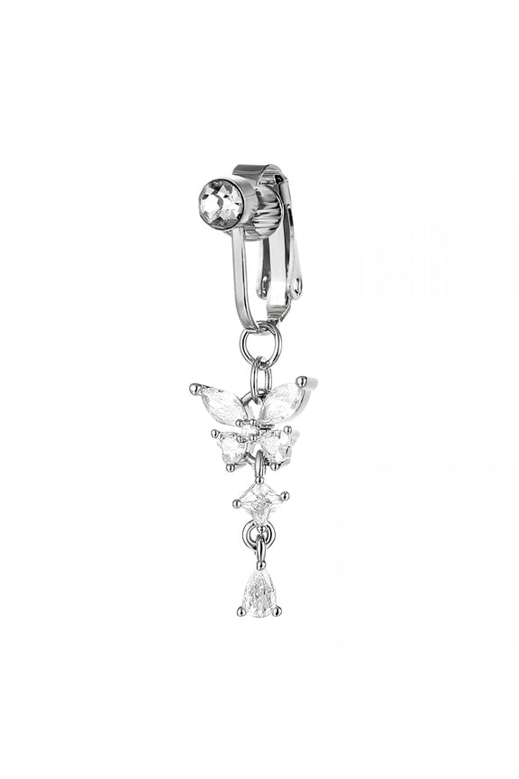 Belly Button Jewelry for Women, Stainless Steel Butterfly Rhinestone Fake Non-Piercing Belly Button, Fake Belly Button Piercing Clip, Body Jewelry for Women