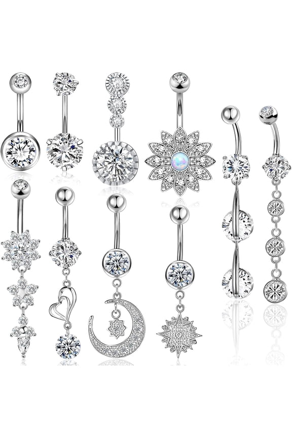 Belly Button Piercing Ring for Women,10 Pcs 14G Surgical Steel Belly Button Rings Barbell Jewelry Rings Bulk for Body Piercing with Long Bar Dangle Curved Navel Rings Heart Belly Ring