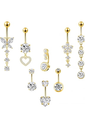 8 Pcs Dangle Belly Button Rings,14G Belly Rings,Stainless Steel Belly Button Piercing Cute Belly Button Rings,Gold