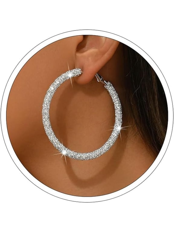 Big Hoop Earrings for Women 30Mm 40Mm 50Mm 60Mm 70Mm Rhinestone Silver Hoops Sparkly Chunky Gold Earrings Hoops Bling Large Black Hoop Earring Gold Statement Earrings for Women
