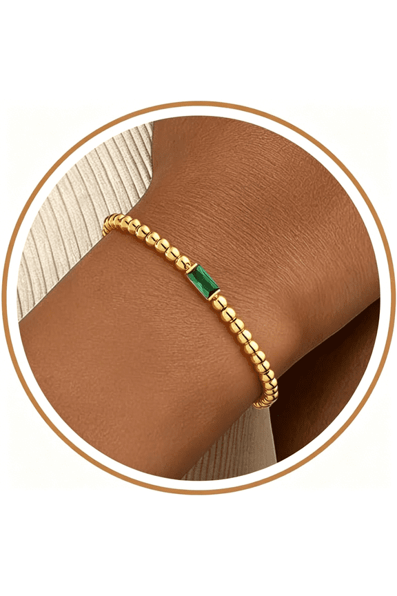Birthstone Gold Beaded Bracelets for Women Non Tarnish Trendy Dainty 14K Gold Plated Cute Stackable Bead Stretch Friendship Bracelet Stack for Best Friend Couples Birthday Gifts Jewelry