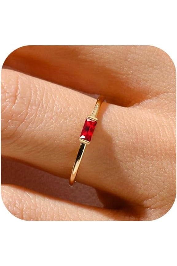 Birthstone Rings for Women Non Tarnish Gold Stackable Rings Dainty 14K Gold/Silver Plated Baguette Cz Emerald Green Pinky Ring Personalized Jewelry Gift for Birthday Size 4-10
