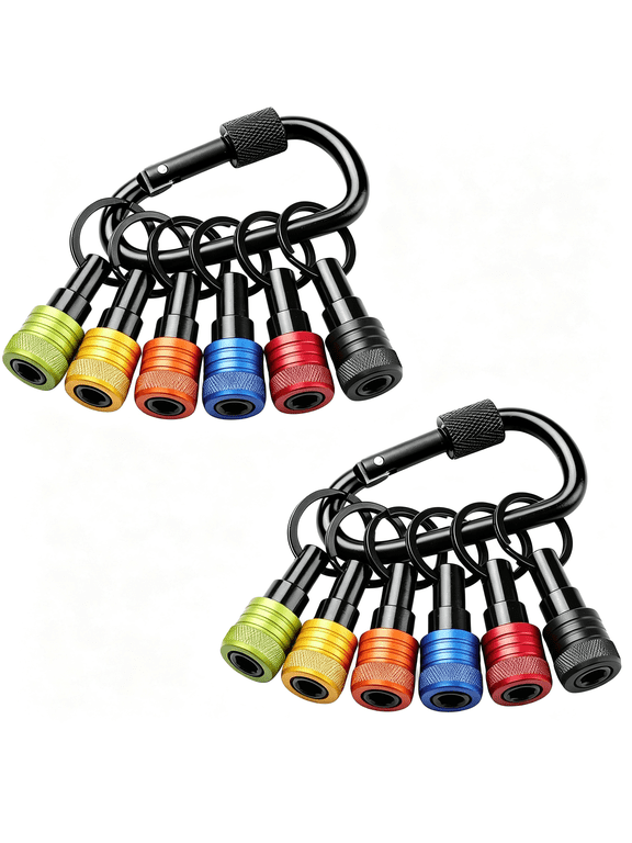 Bit Holder Keychain 12 Pcs, 1/4-Inch Hex Shank, Quick Release, Aluminum Alloy, Carabiner Clip, Compact Organizer