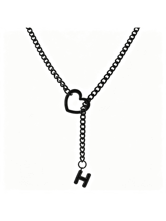 Black Heart Slip Chain Initial Necklaces for Women,Stainless Steel O-Ring Adjustable Lariat Heart Y-Necklace,Punk Gothic Cuban Collar Choker Necklace for Women