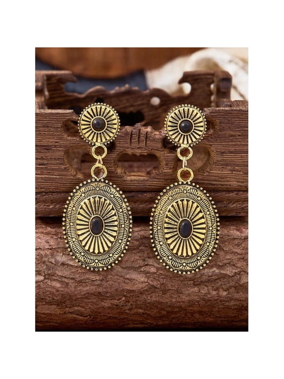 Black Vintage Western Style Carved Geometric Antique Goldtone Dangle Earrings for Women Western Earrings for Women