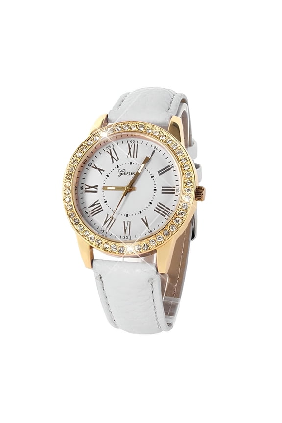 Bling Gold Women Leather Strap Quartz Wrist Watch White