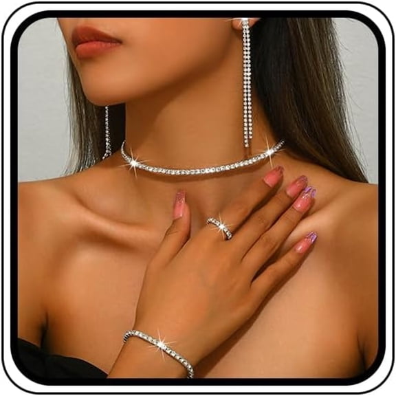 DESIGNICE Bling Silver Prom Rhinestone Jewelry Set for Women Sparkly Crystal Formal Wedding Bridal Brides Bracelet Rings Sets Trendy Long Tassel Earring Choker Necklaces