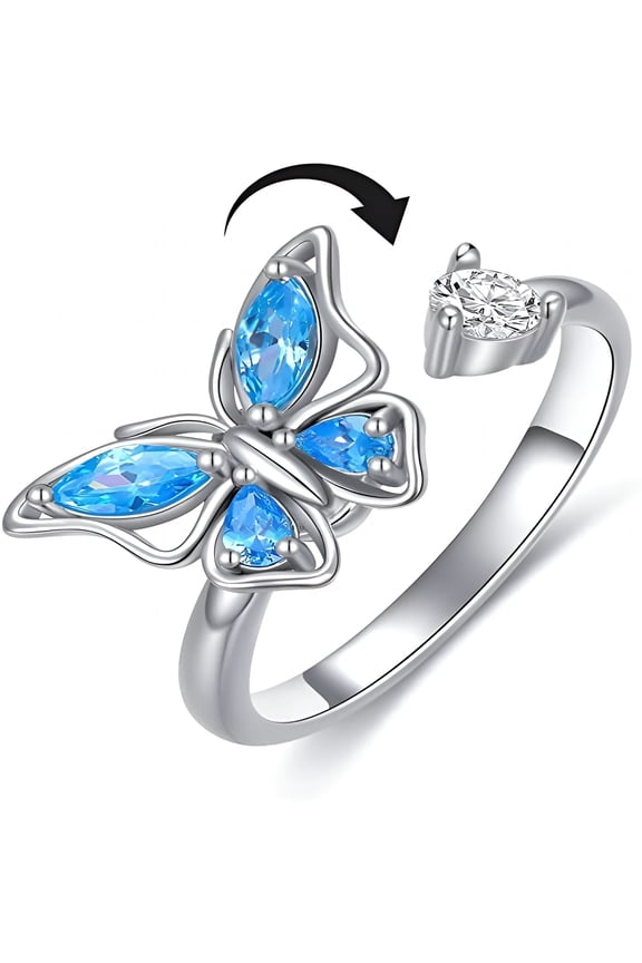 Blue Cubic Zirconia Butterfly Spinner Fidget Rings for Women,Rotate Inspirations Jewelry,Meditation Expandable Adjustable Stacking Middle Finger Crystal Ring