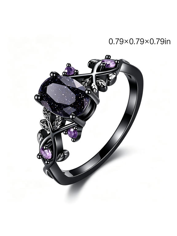 Blue Sandstone Gothic Leaf Ring for Women, 18K Black Gold Plated,Gemstone Rings for Women, Halloween Rings, Anniversary Rings for Women, Wedding Ring for Women
