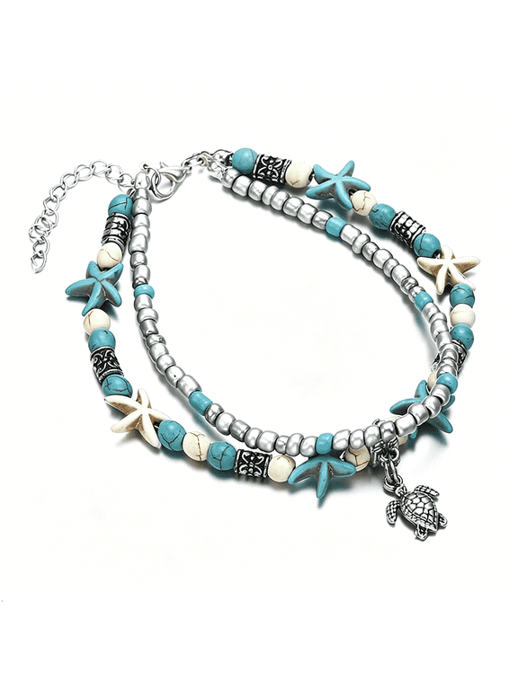 Blue Starfish Turtle Anklet Multilayer Charm Beads Sea Handmade Boho Anklet Foot Jewelry for Women Beachy Jewelry for Women