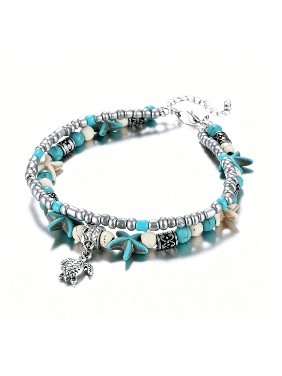 Blue Turtle Anklets for Women Multilayer Beads Handmade Beach Ankle Bracelet Set Boho Foot Jewelry