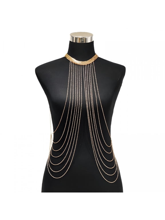 Body Chain Multi-Layered Tassel Chest Chain Snake Bone Shape Adjustable Beach Bikini Body Jewelry Nightclub Party Necklace