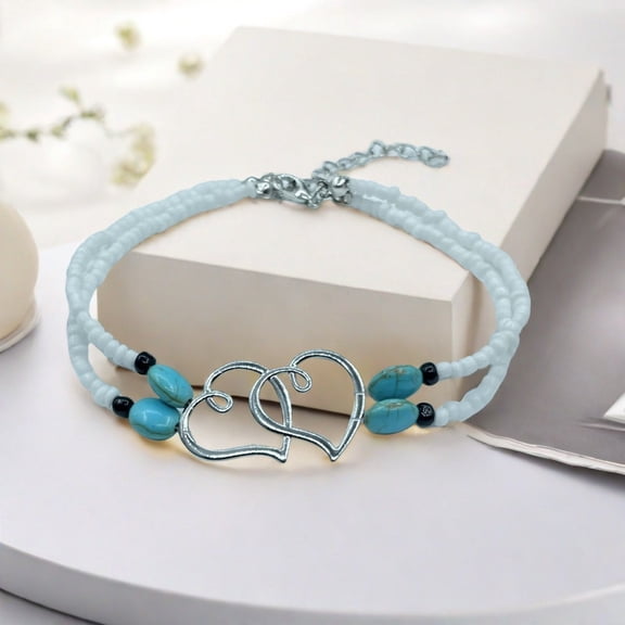 DESIGNICE Bohemian Beach Anklet,Rice Beads Versatile Double-Layer,Turquoise Heart,Foot Ornaments for Women