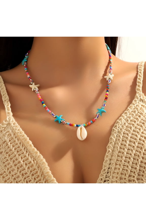 Bohemian Big Shell Pendant Necklace Imitation Pearl Beads Choker for Women Colorful Beads Beach Jewelry Collar Party