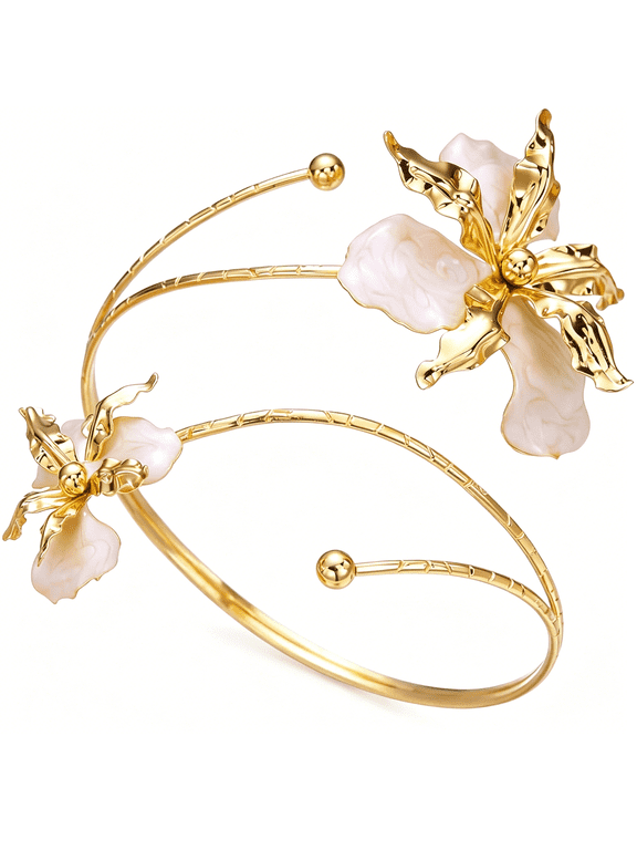 Bohemian Enamel Flower Arm Cuff Bracelets Delicate Adjustable Floral Upper Arm Armband Jewelry Gold Floral Open Wrap Statement Bangle Bracelet for Women Wedding Party Jewelry Gifts