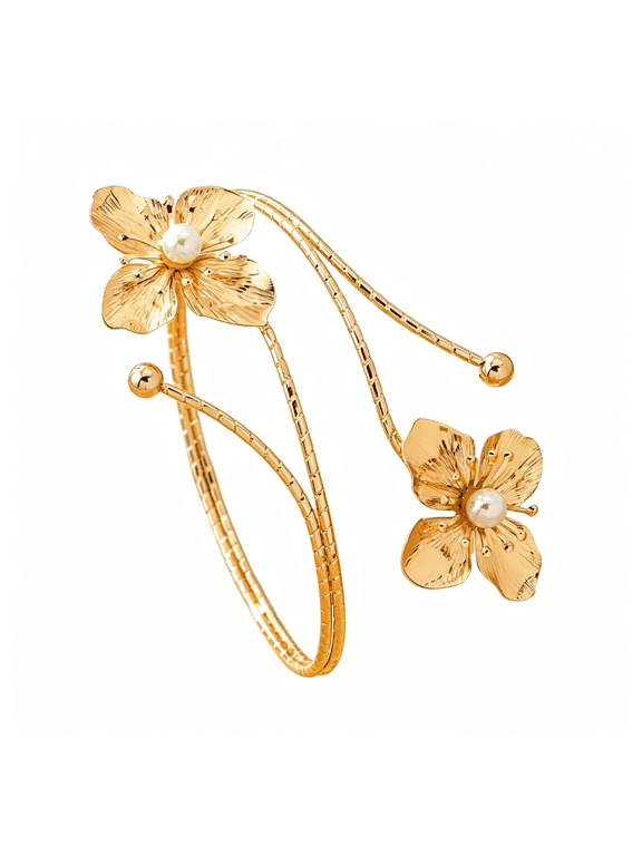 Bohemian Floral Arm Cuff Adjustable Gold Enamel Flower Upper Arm Bracelet Statement Open Bangle for Women,Adjustable Arm Bracelet Upper Arm
