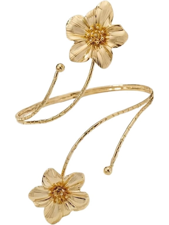 Bohemian Floral Arm Cuff Adjustable Gold Enamel Flower Upper Arm Bracelet Statement Open Bangle for Women