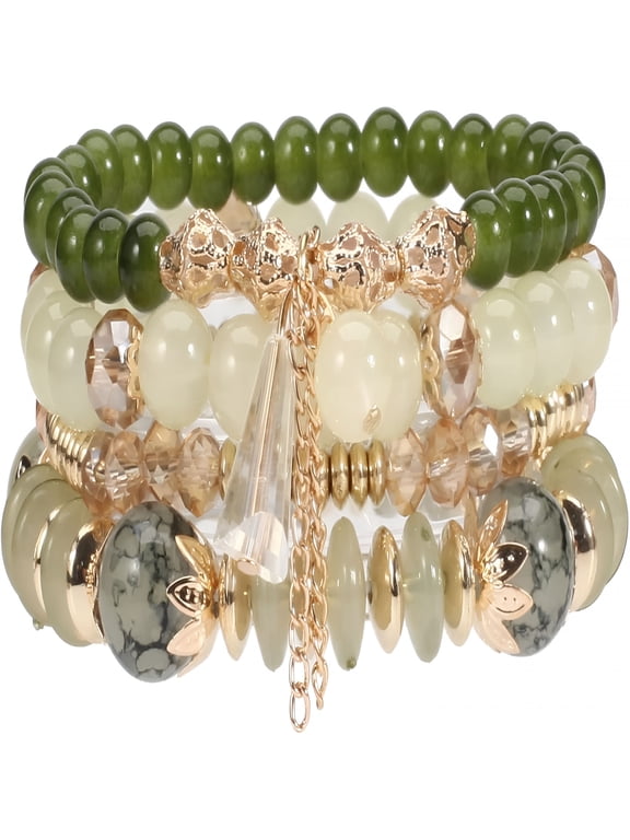 Bohemian Green Jade Stackable Bracelet Set-4-Layer Stretch Beaded Bracelets with Gold Accents,Boho Jewelry for Women,Fashion Statement Accessory