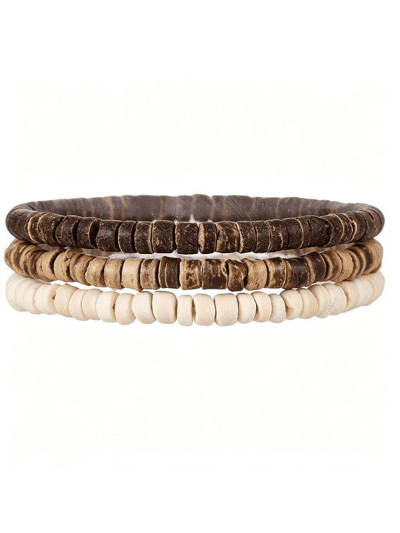 Bohemian Puka Coconut Shell Stackable Wooden Adjustable Beaded Bracelet Handmade Ethnic Lightweight Elastic Stack Bracelets Summer Beach Couple Jewelry for Women Men