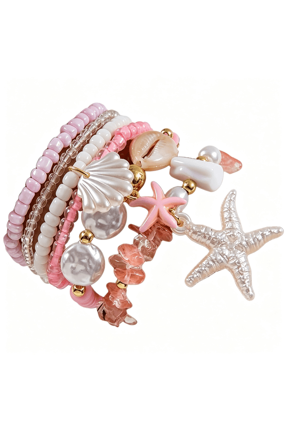 Bohemian Stackable Shell Beaded Ankle Bracelets for Women Multi-Layer Seashell Gold Starfish Adjustable Handmade Summer Beach Holiday Accessories Gifts-Pink a