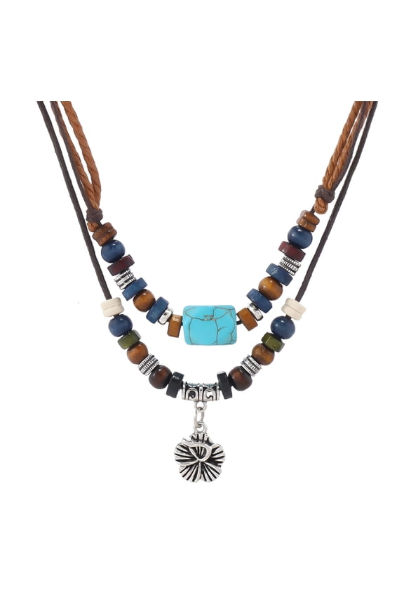 Bohemian Tribal Flower Necklace with Turquoise and Wood Beads, Adjustable Braided Hemp Cords, Women'S