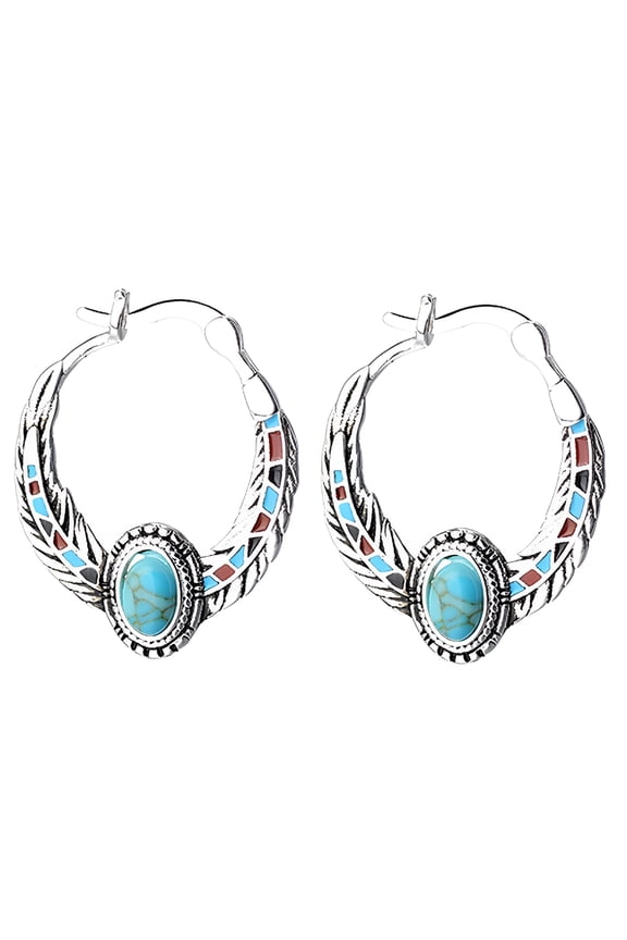 Bohemian Women Faux Turquoise Eagle Feather Carved Huggie Earrings Jewelry Decor Alloy Silver